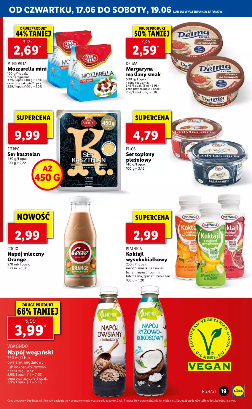 Gazetka promocyjna Lidl - GAZETKA - ważna 17.06 do 19.06.2021 - strona 19 - produkty: Delma, Gra, Granat, Gres, Kasztelan, Kokos, Mango, Margaryna, Mleko, Mlekovita, Mozzarella, Napój, Napój mleczny, Piątnica, Pilos, Ryż, Ser, Ser Kasztelan, Ser topiony, Sok, Top