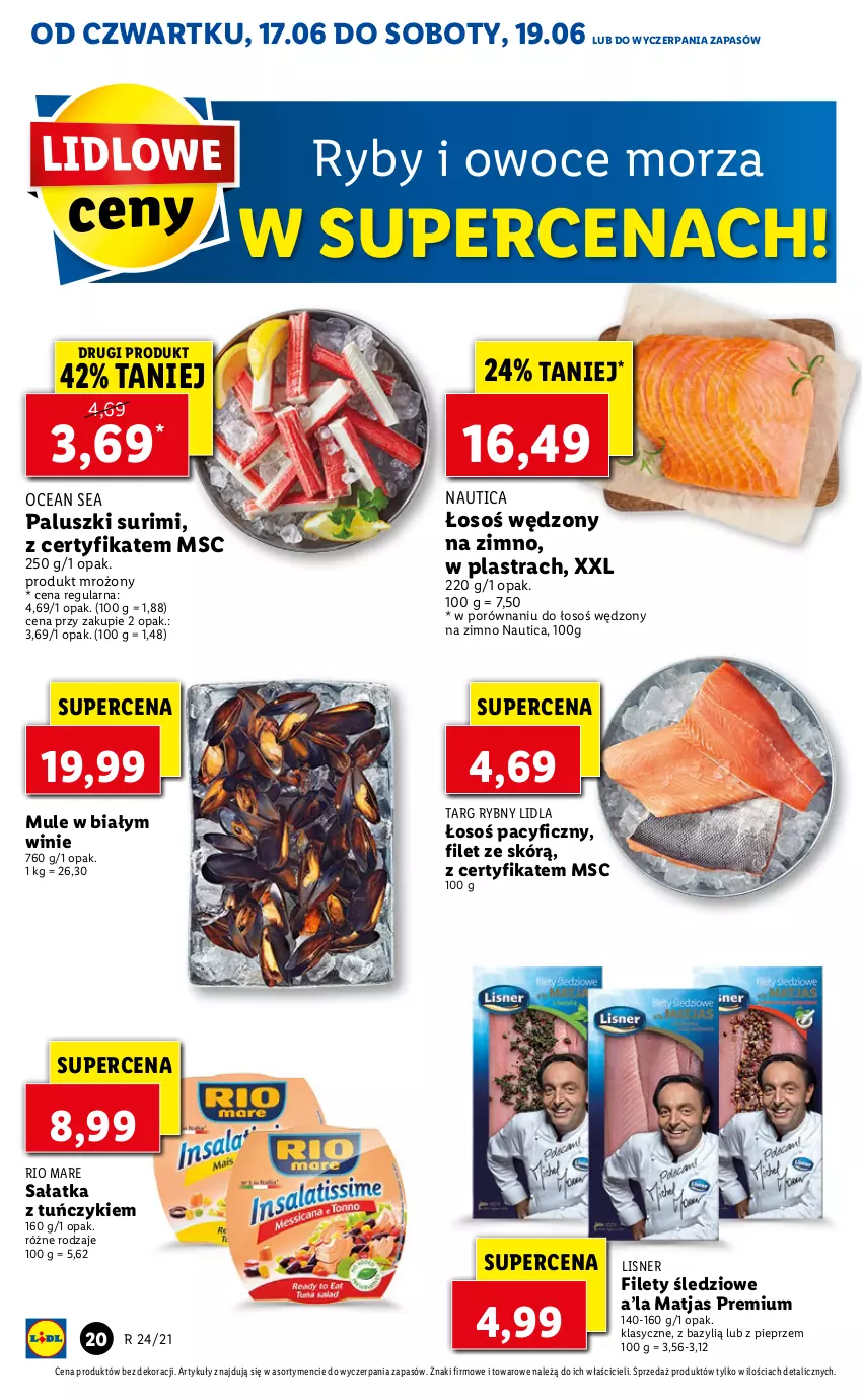 Gazetka promocyjna Lidl - GAZETKA - ważna 17.06 do 19.06.2021 - strona 20 - produkty: Bazyl, Lisner, Matjas, Mule, Owoce, Owoce morza, Pieprz, Por, Rio Mare, Ryby i owoce morza, Sałat, Sałatka, Surimi, Tuńczyk