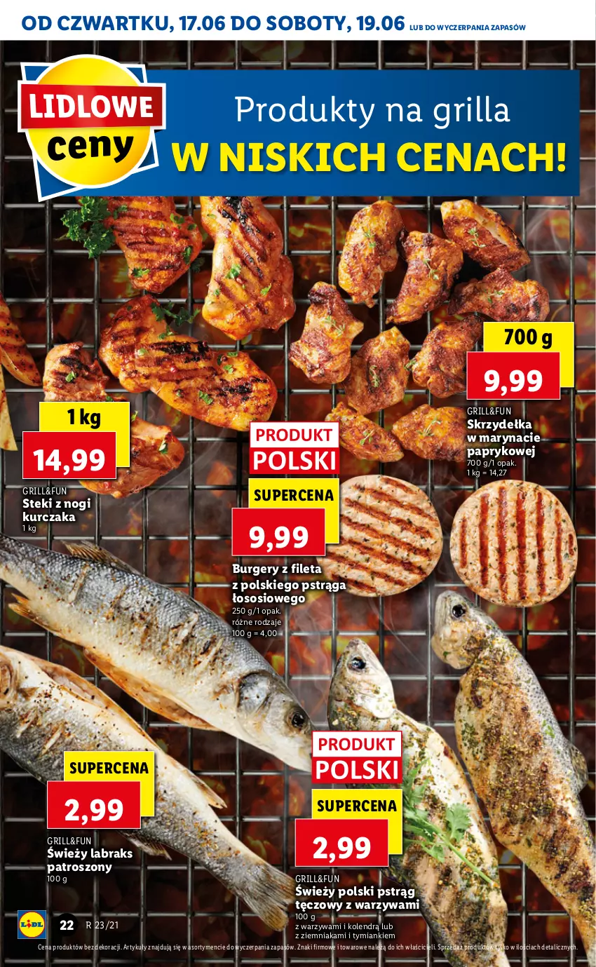 Gazetka promocyjna Lidl - GAZETKA - ważna 17.06 do 19.06.2021 - strona 22 - produkty: Burger, Grill, Kurczak, Pstrąg, Pstrąg tęczowy, Sos, Stek, Warzywa