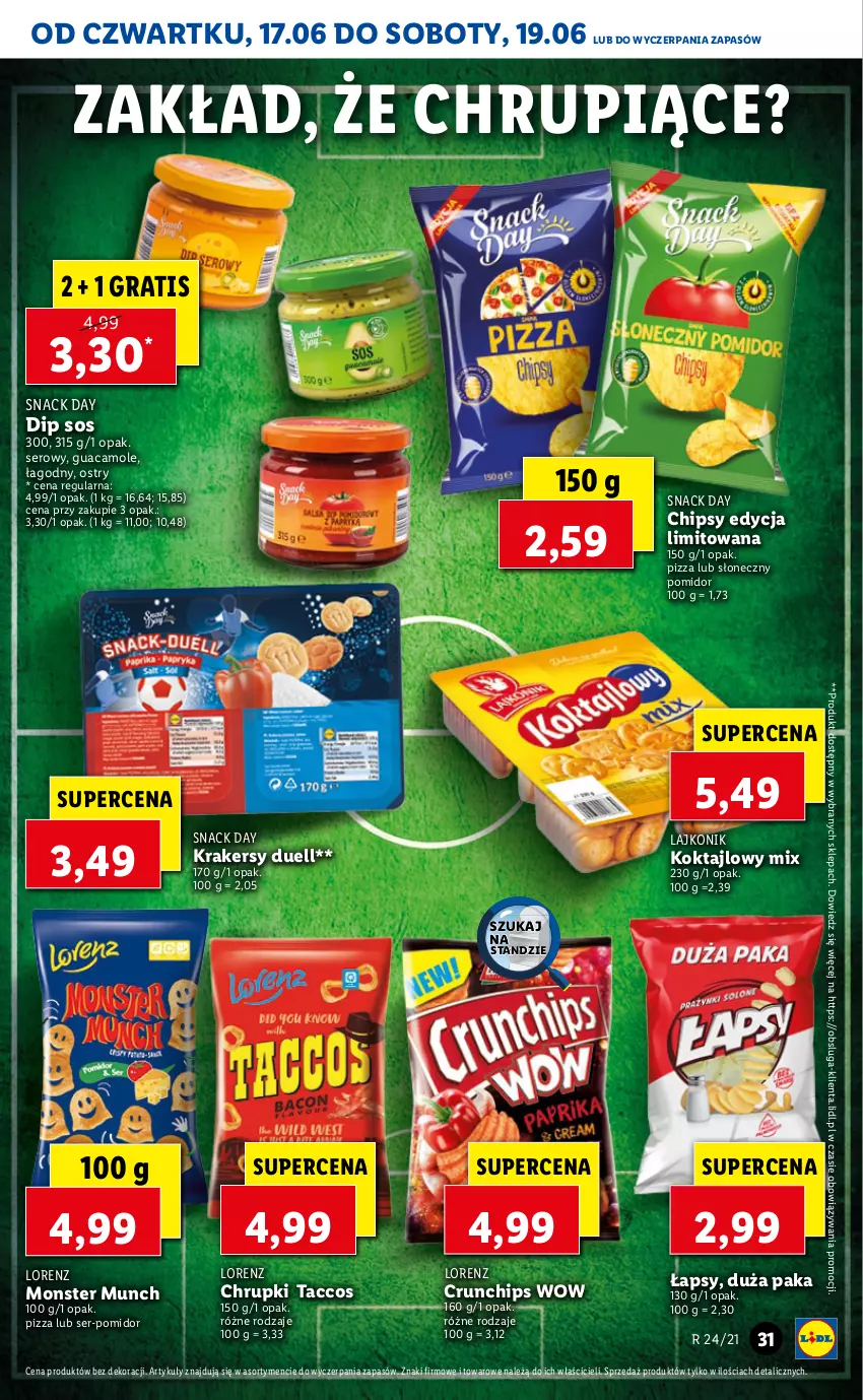 Gazetka promocyjna Lidl - GAZETKA - ważna 17.06 do 19.06.2021 - strona 31 - produkty: Amol, Chipsy, Chrupki, Crunchips, Gra, Krakersy, Lajkonik, Lorenz, Monster Munch, Pizza, Ser, Sos