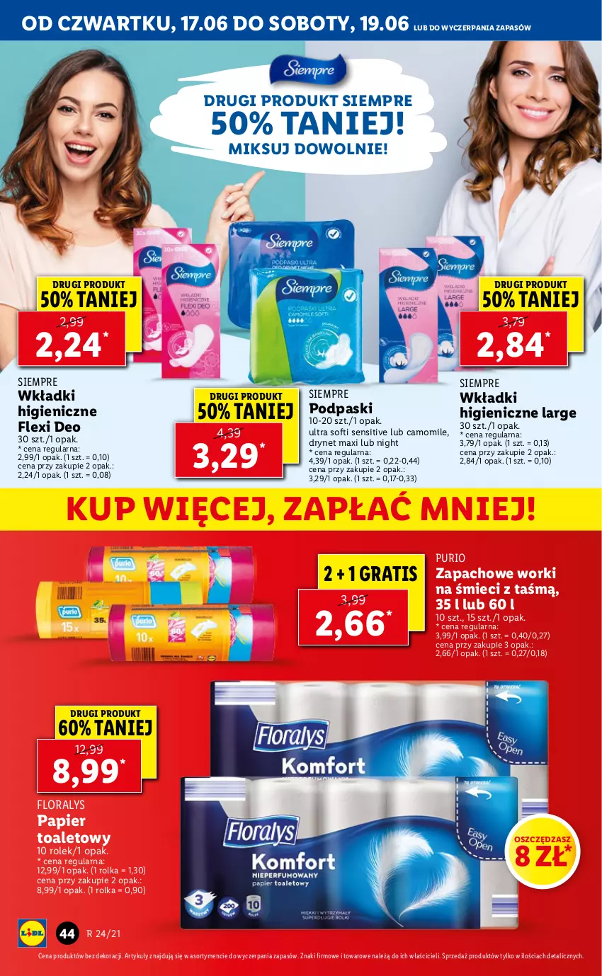 Gazetka promocyjna Lidl - GAZETKA - ważna 17.06 do 19.06.2021 - strona 44 - produkty: Flora, Gra, Papier, Papier toaletowy, Podpaski, Pur, Wkładki, Worki na śmiec, Worki na śmieci