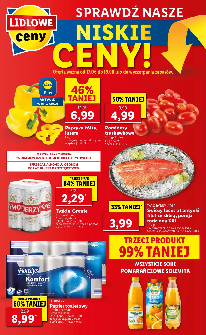 Gazetka promocyjna Lidl - GAZETKA - ważna 17.06 do 19.06.2021 - strona 48 - produkty: Flora, Gra, Papier, Papier toaletowy, Papryka, Papryka żółta, Piwa, Pomidory, Por, Sok, Tyskie