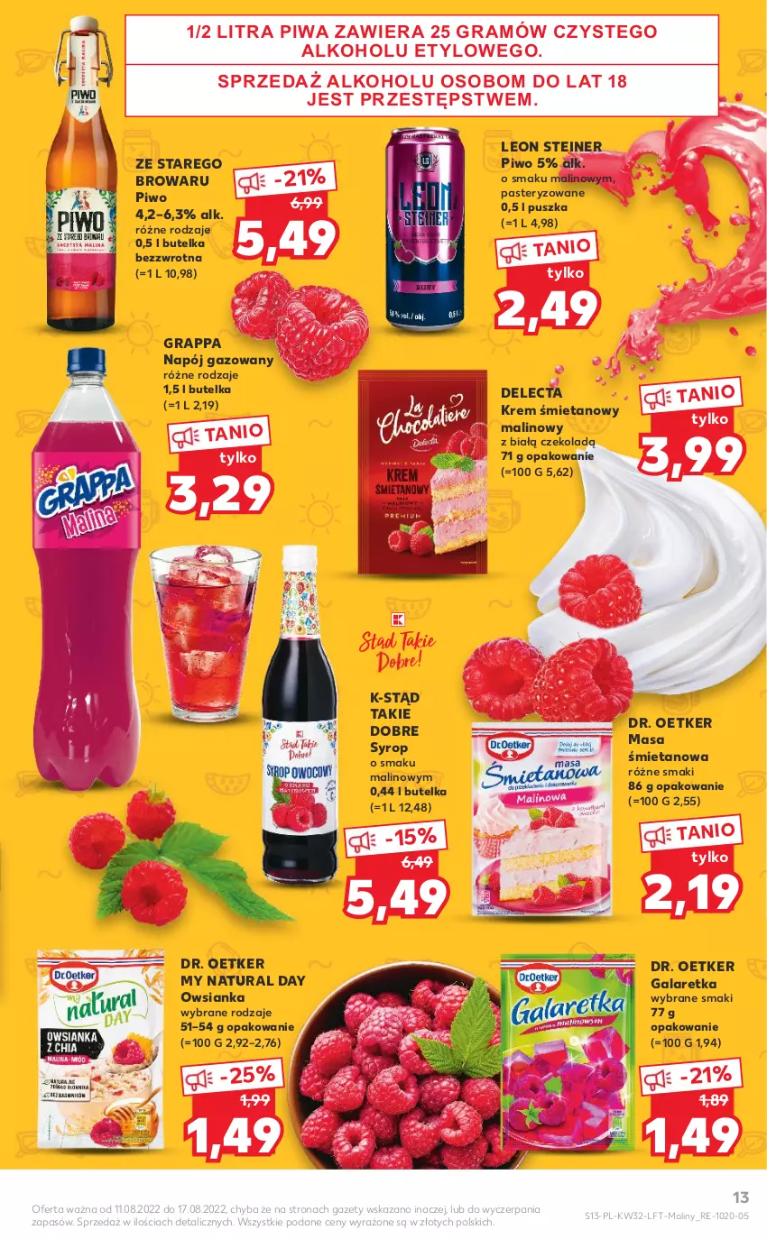 Gazetka promocyjna Kaufland - OFERTA TYGODNIA - ważna 11.08 do 17.08.2022 - strona 13 - produkty: Delecta, Dr. Oetker, Gala, Galaretka, Gra, Grappa, Leon, Maliny, Napój, Napój gazowany, Owsianka, Piwa, Piwo, Syrop