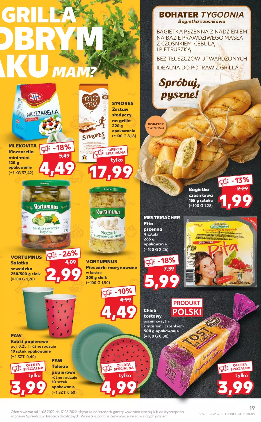 Gazetka promocyjna Kaufland - OFERTA TYGODNIA - ważna 11.08 do 17.08.2022 - strona 19 - produkty: Bagietka, Bagietka czosnkowa, Bagietka pszenna, Chleb, Chleb tostowy, Grill, Mleko, Mlekovita, Mozzarella, Papier, Piec, Sałat, Sałatka, Talerz