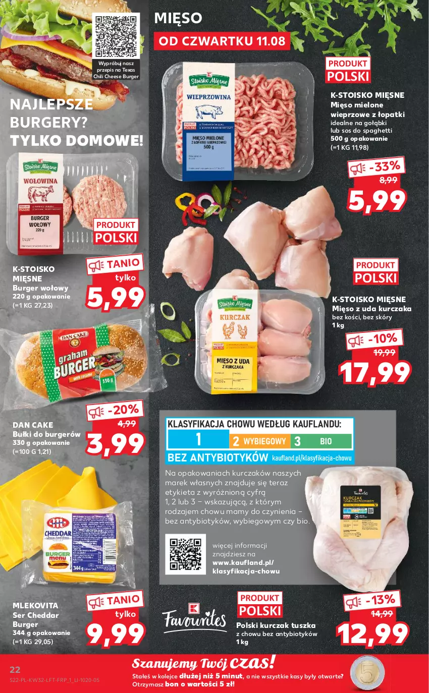 Gazetka promocyjna Kaufland - OFERTA TYGODNIA - ważna 11.08 do 17.08.2022 - strona 22 - produkty: Burger, Cheddar, Dan Cake, Kurczak, Mięso, Mięso mielone, Mięso z uda kurczaka, Mleko, Mlekovita, Olej, Ser, Sos, Spaghetti, Tera, Tusz