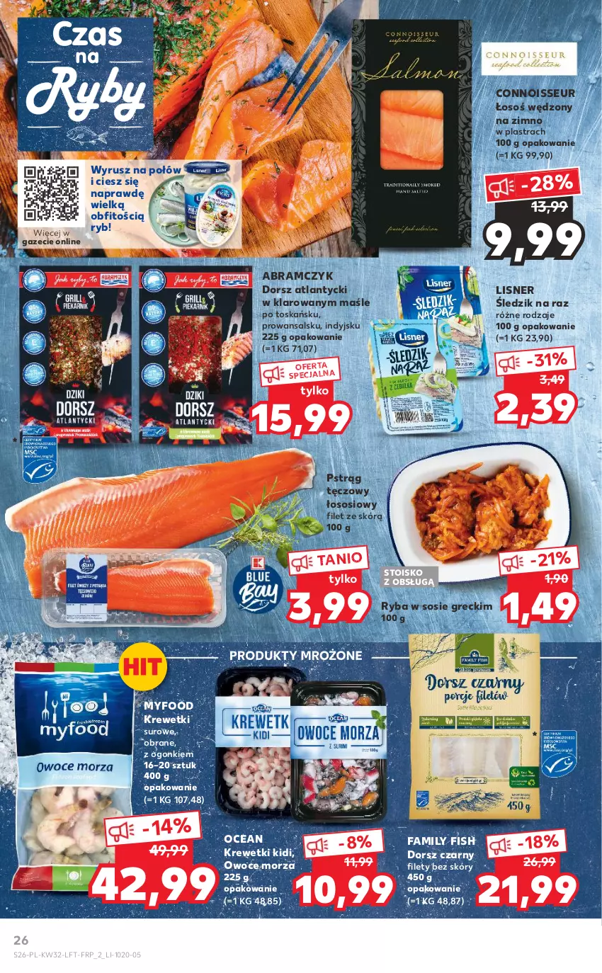 Gazetka promocyjna Kaufland - OFERTA TYGODNIA - ważna 11.08 do 17.08.2022 - strona 26 - produkty: Dorsz, Fa, Krewetki, Lisner, Owoce, Owoce morza, Produkty mrożone, Pstrąg, Pstrąg tęczowy, Ryba, Sos