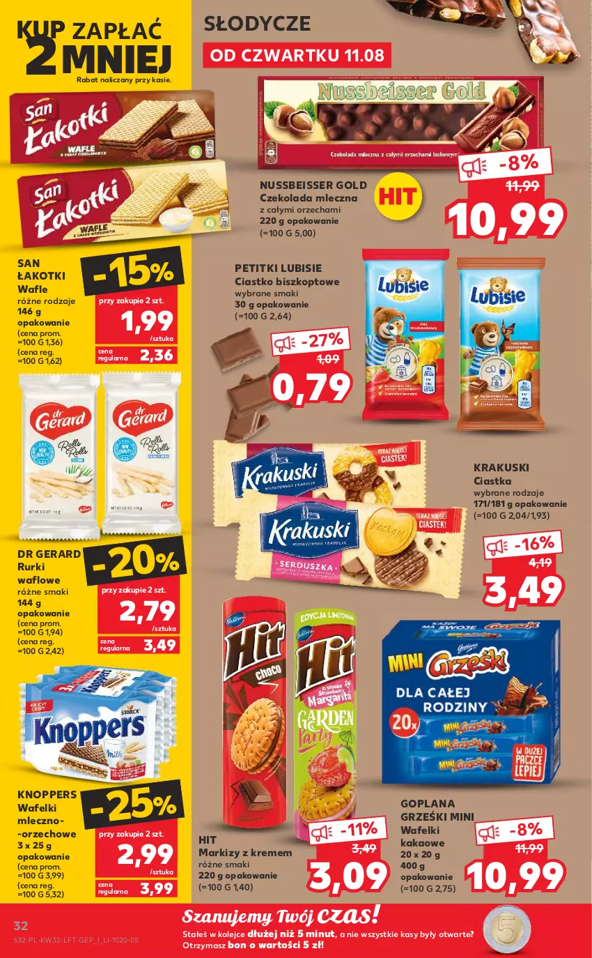 Gazetka promocyjna Kaufland - OFERTA TYGODNIA - ważna 11.08 do 17.08.2022 - strona 32 - produkty: Ciastka, Czekolada, Czekolada mleczna, Dr Gerard, Goplana, Grześki, Kakao, Knoppers, Krakus, Krakuski, LANA, Lubisie, Olej, Rurki, Ser, Wafle