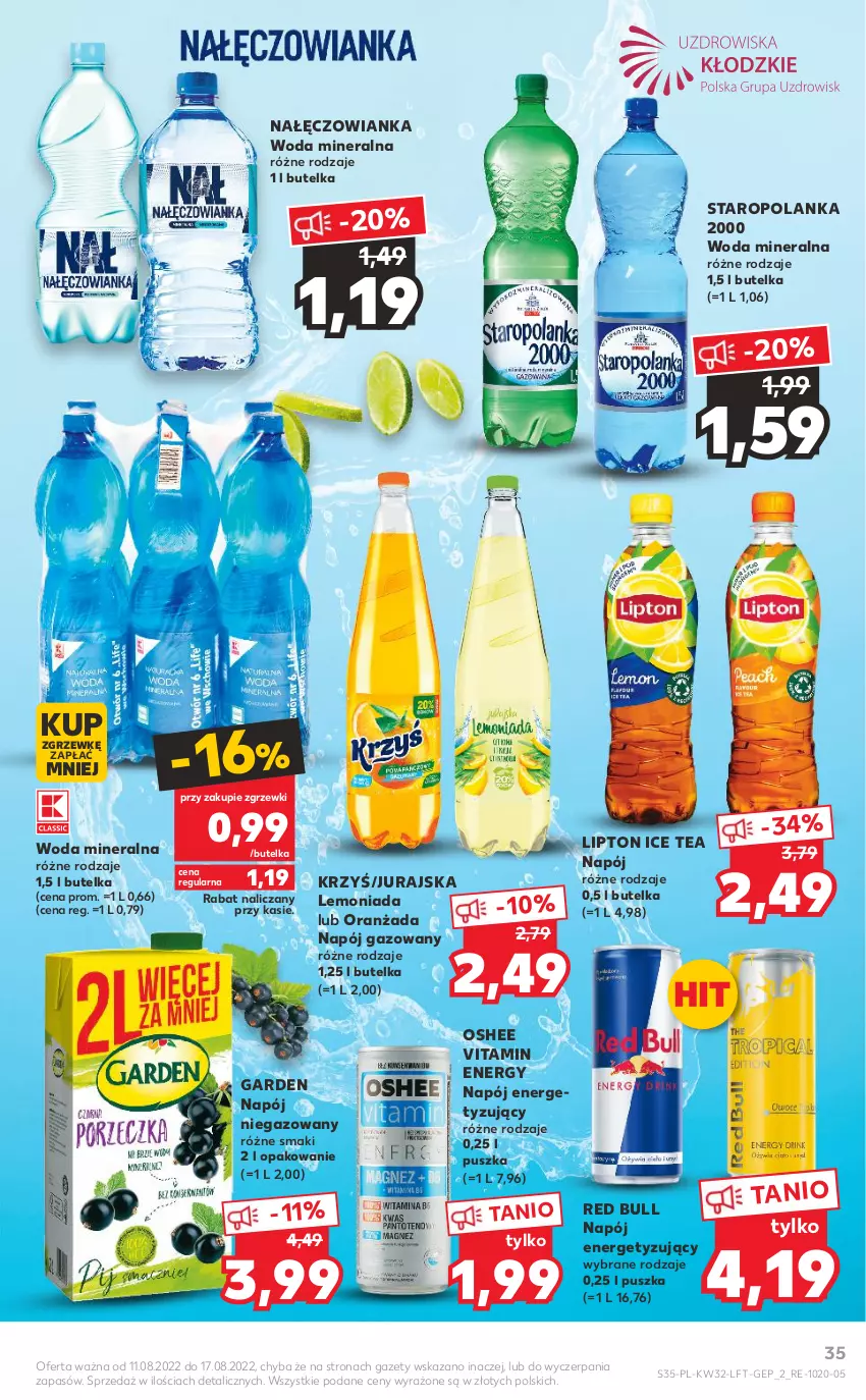 Gazetka promocyjna Kaufland - OFERTA TYGODNIA - ważna 11.08 do 17.08.2022 - strona 35 - produkty: Ice tea, Lemoniada, Lipton, Nałęczowianka, Napój, Napój gazowany, Napój niegazowany, Oranżada, Oshee, Red Bull, Staropolanka, Woda, Woda mineralna