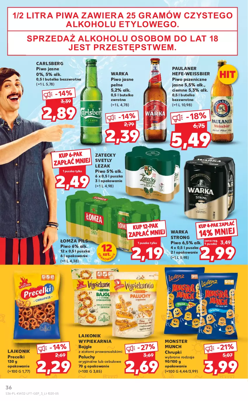 Gazetka promocyjna Kaufland - OFERTA TYGODNIA - ważna 11.08 do 17.08.2022 - strona 36 - produkty: Bajgle, Carlsberg, Chrupki, Gin, Gra, Lajkonik, Monster Munch, Piwa, Piwo, Piwo jasne, Precelki, Warka