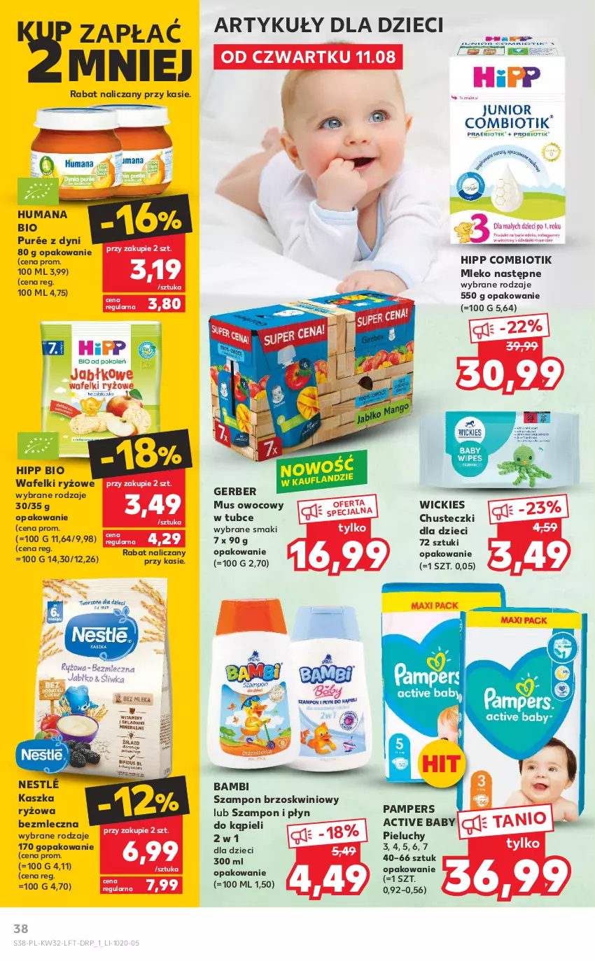 Gazetka promocyjna Kaufland - OFERTA TYGODNIA - ważna 11.08 do 17.08.2022 - strona 38 - produkty: Chusteczki, Dzieci, Gerber, HiPP, Hipp Bio, Humana, Mleko, Mus, Nestlé, O nas, Pampers, Pieluchy, Płyn do kąpieli, Pur, Ryż, Szampon