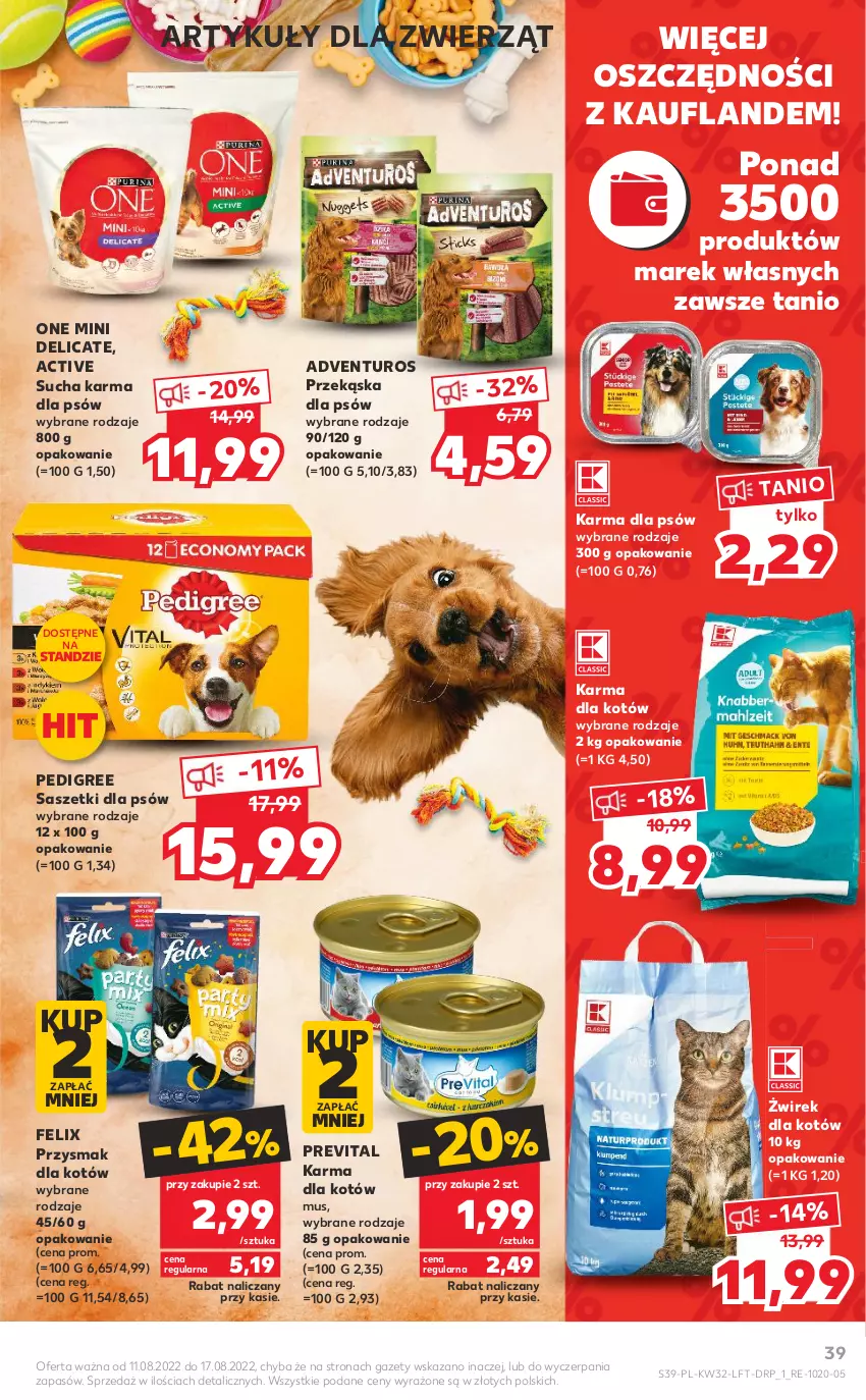 Gazetka promocyjna Kaufland - OFERTA TYGODNIA - ważna 11.08 do 17.08.2022 - strona 39 - produkty: Adventuros, Felix, Mus, Pedigree, Przekąska dla psów, Sucha karma