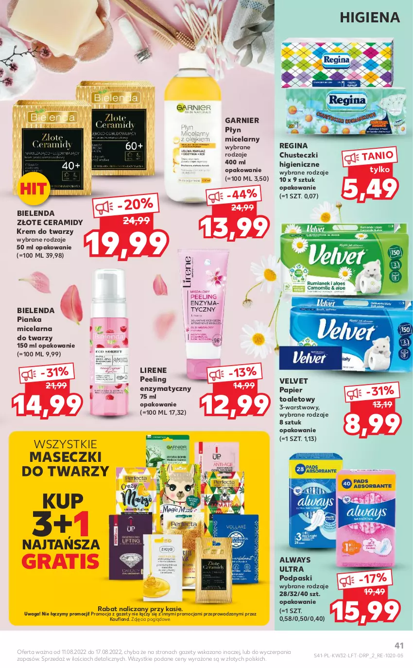 Gazetka promocyjna Kaufland - OFERTA TYGODNIA - ważna 11.08 do 17.08.2022 - strona 41 - produkty: Always, Always Ultra, Bielenda, Chusteczki, Garnier, Gin, Gra, Krem do twarzy, Lirene, Papier, Papier toaletowy, Peeling, Płyn micelarny, Podpaski, Velvet, Waga