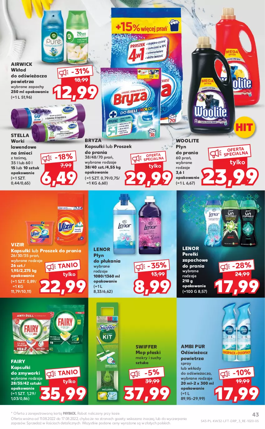 Gazetka promocyjna Kaufland - OFERTA TYGODNIA - ważna 11.08 do 17.08.2022 - strona 43 - produkty: Ambi Pur, Bryza, Fa, Fairy, Lenor, Mop, Odświeżacz powietrza, Perełki zapachowe, Płyn do płukania, Płyn do prania, Proszek do prania, Pur, Vizir, Woolite, Zmywarki