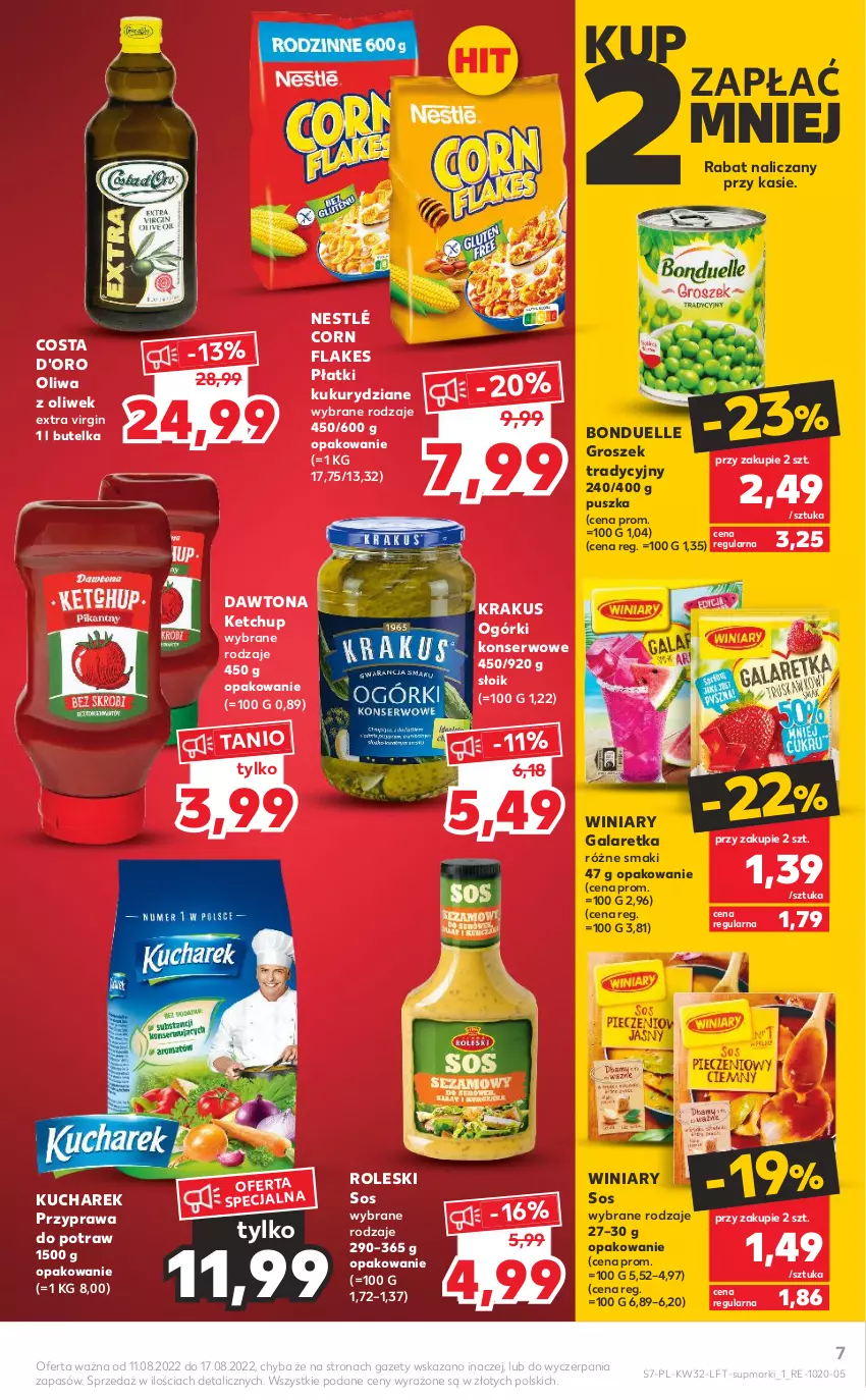 Gazetka promocyjna Kaufland - OFERTA TYGODNIA - ważna 11.08 do 17.08.2022 - strona 7 - produkty: Bonduelle, Corn flakes, Costa d'Oro, Dawtona, Gala, Galaretka, Gin, Groszek, Ketchup, Krakus, Kucharek, Nestlé, Ogórki konserwowe, Oliwa z oliwek, Przyprawa do potraw, Ser, Sos, Winiary