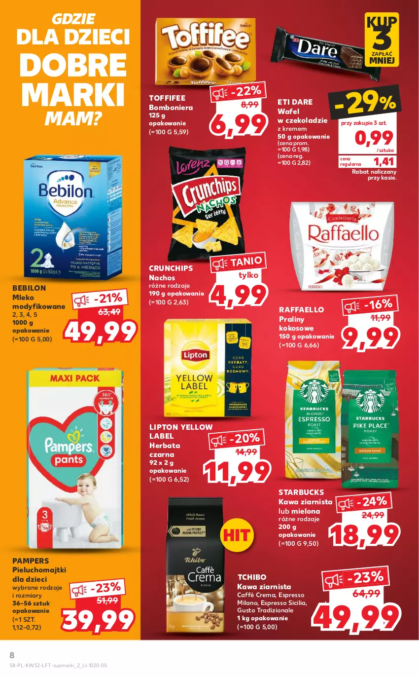 Gazetka promocyjna Kaufland - OFERTA TYGODNIA - ważna 11.08 do 17.08.2022 - strona 8 - produkty: BEBILON, Bomboniera, Crunchips, Dzieci, Fa, Herbata, Herbata czarna, Kawa, Kawa ziarnista, Kokos, Lipton, Majtki, Mleko, Mleko modyfikowane, Pampers, Pieluchomajtki, Praliny, Raffaello, Tchibo, Toffifee