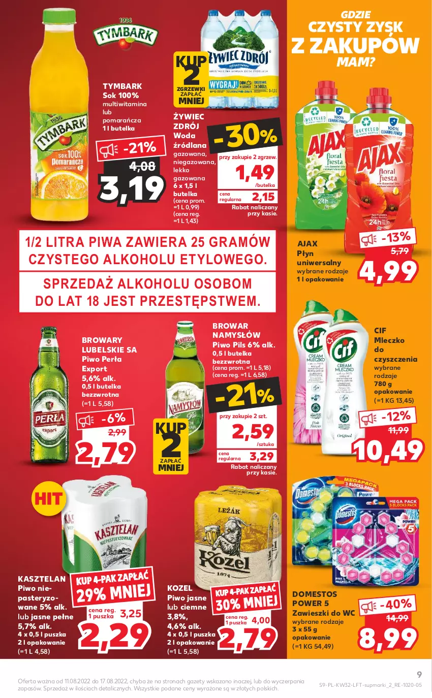 Gazetka promocyjna Kaufland - OFERTA TYGODNIA - ważna 11.08 do 17.08.2022 - strona 9 - produkty: Ajax, Cif, Domestos, Gra, Kasztelan, Kozel, LANA, Mleczko, Namysłów, Perła, Piwa, Piwo, Piwo jasne, Por, Sok, Tymbark, Woda, Zawieszki