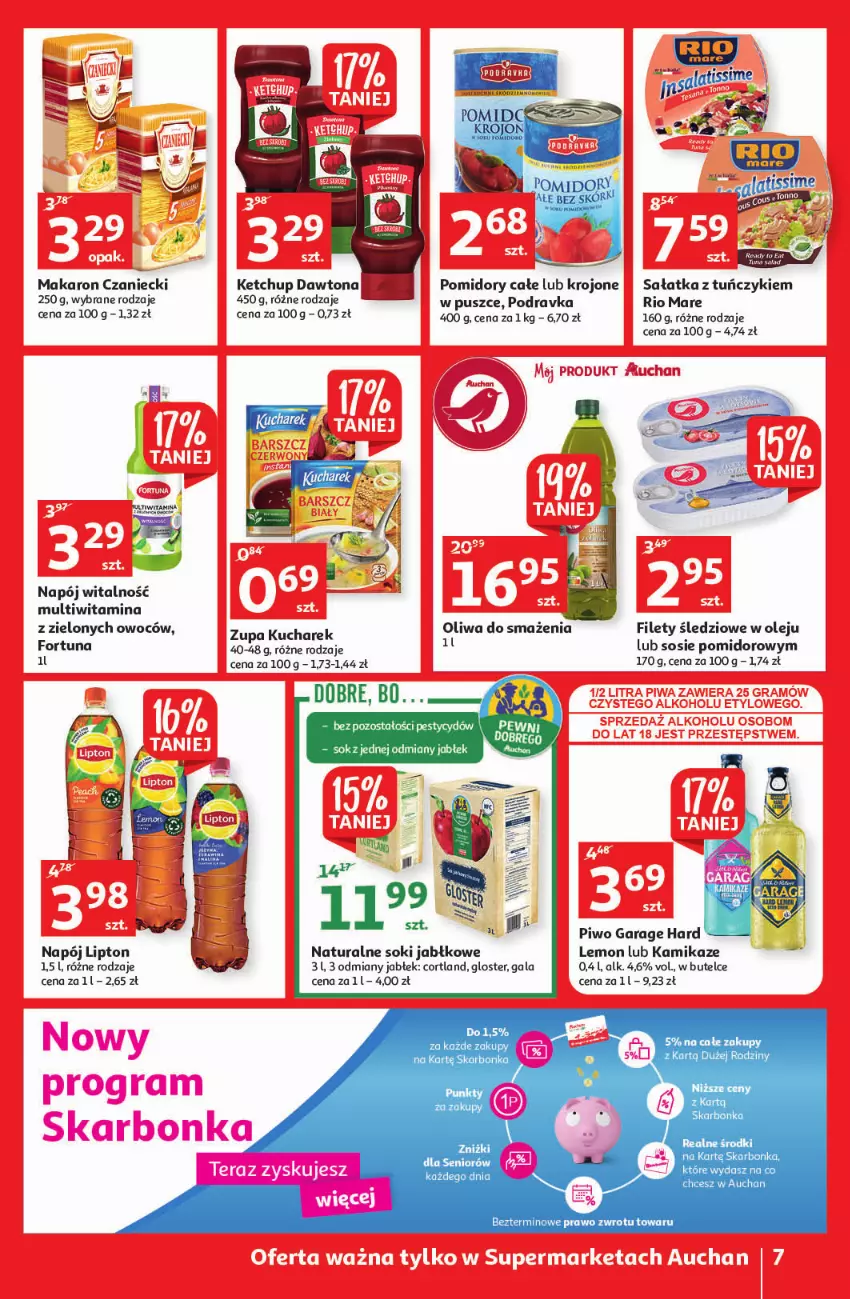 Gazetka promocyjna Auchan - przeNISKIE CENY lecą w dół Supermarkety - ważna 24.02 do 02.03.2022 - strona 7 - produkty: Dawtona, Fortuna, Gala, Ketchup, Kucharek, Lipton, Makaron, Napój, Olej, Piwo, Podravka, Pomidory, Rio Mare, Sałat, Sałatka, Sok, Sos, Tuńczyk, Zupa