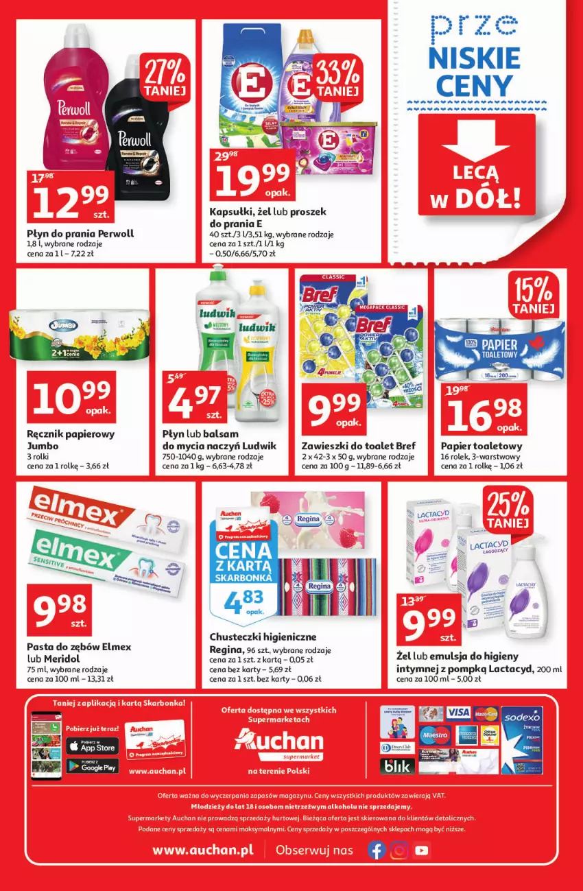 Gazetka promocyjna Auchan - przeNISKIE CENY lecą w dół Supermarkety - ważna 24.02 do 02.03.2022 - strona 8 - produkty: Bref, Chusteczki, Do mycia naczyń, Elmex, Emulsja, Gin, Lactacyd, Ludwik, Papier, Papier toaletowy, Perwoll, Płyn do prania, Ręcznik, Rolki, Zawieszki