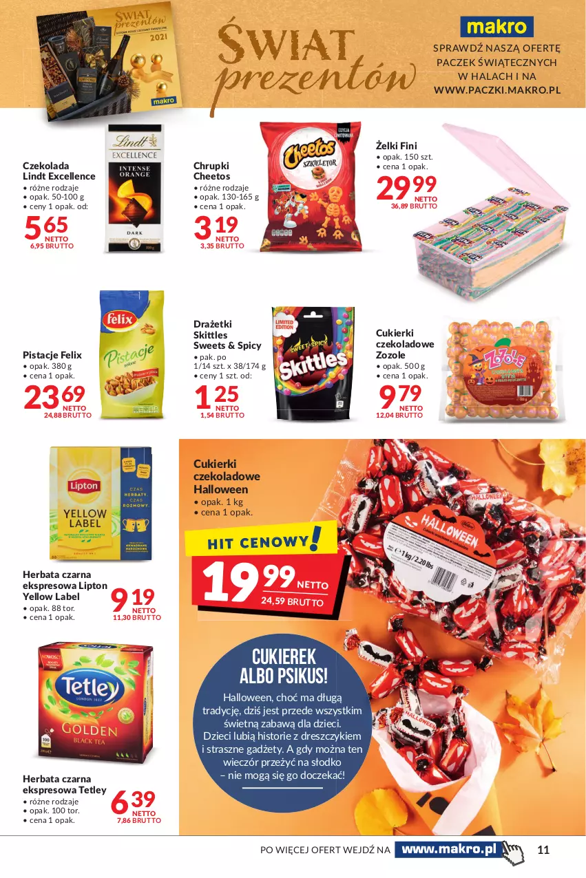 Gazetka promocyjna Makro - [Oferta promocyjna] Artykuły spożywcze i przemysłowe - ważna 19.10 do 30.10.2021 - strona 11 - produkty: Cheetos, Chrupki, Cukier, Cukierki, Cukierki czekoladowe, Czekolada, Dres, Dzieci, Felix, Herbata, Herbata czarna, Lindt, Lipton, Pistacje, Tetley