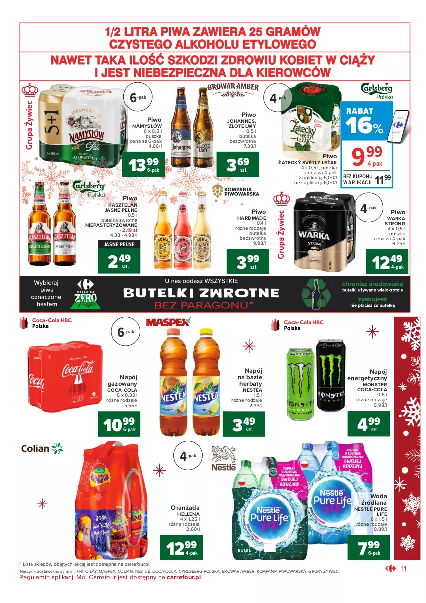 Gazetka promocyjna Carrefour - Gazetka Market - ważna 07.12 do 12.12.2021 - strona 11 - produkty: Carlsberg, Coca-Cola, Gra, Hellena, Kasztelan, LANA, Namysłów, Napój, Napój energetyczny, Napój gazowany, Nestea, Nestlé, Oranżada, Piec, Piwa, Piwo, Pur, Warka, Woda