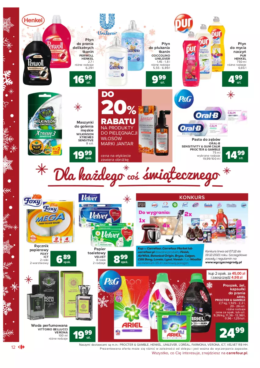 Gazetka promocyjna Carrefour - Gazetka Market - ważna 07.12 do 12.12.2021 - strona 12 - produkty: Ariel, Bell, Coccolino, Do mycia naczyń, Fa, Foxy, Kapsułki do prania, L’Oréal, Papier, Papier toaletowy, Pasta do zębów, Perfum, Perwoll, Płyn do mycia, Płyn do mycia naczyń, Płyn do płukania, Płyn do prania, Pur, Ręcznik, Rolki, Velvet, Woda, Woda perfumowana