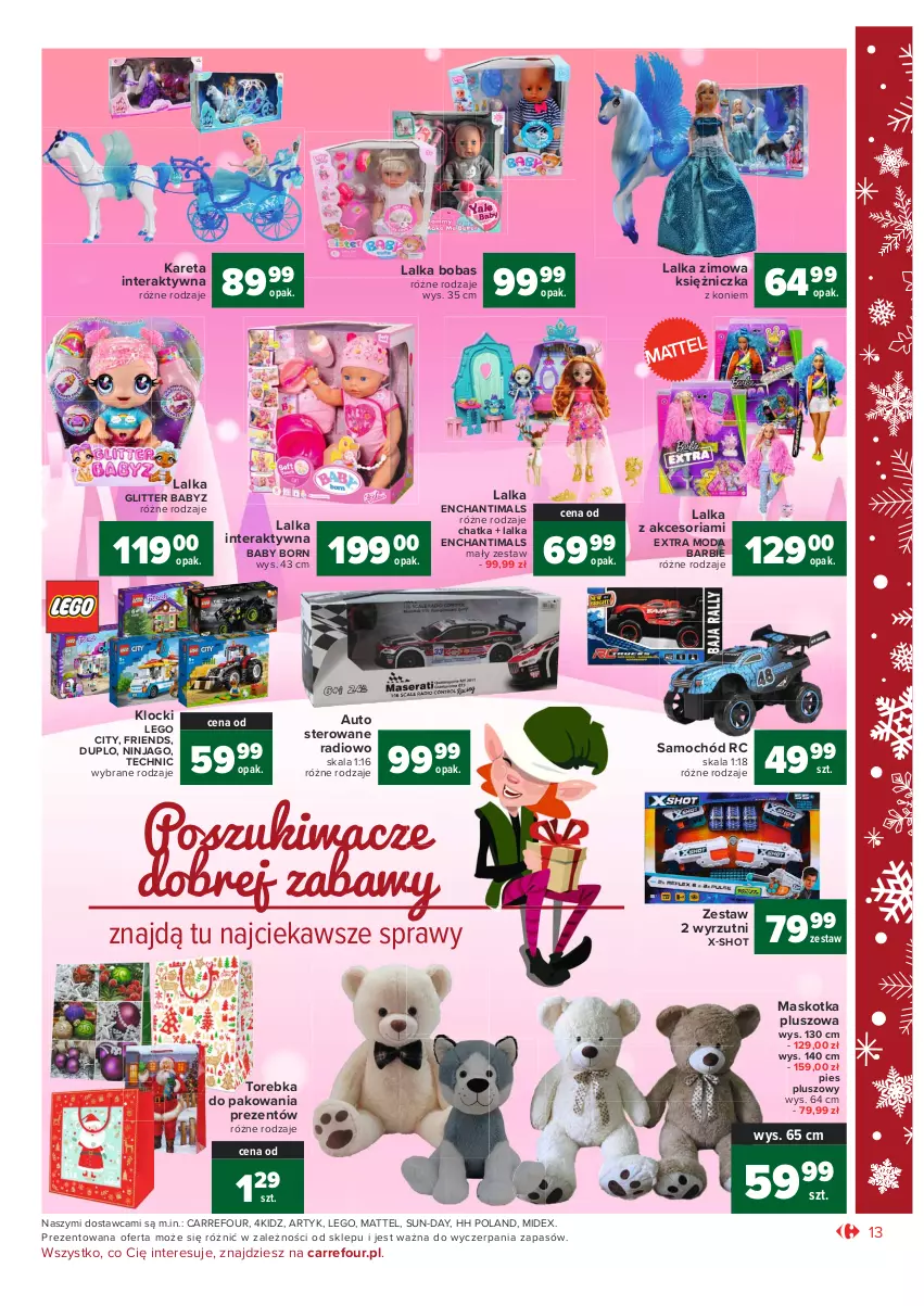 Gazetka promocyjna Carrefour - Gazetka Market - ważna 07.12 do 12.12.2021 - strona 13 - produkty: Baby Born, Barbie, Enchantimals, Klocki, Lalka, Lalka interaktywna, LEGO, LEGO City, Maskotka pluszowa, Mattel, Moda, Samochód, Tera, Torebka