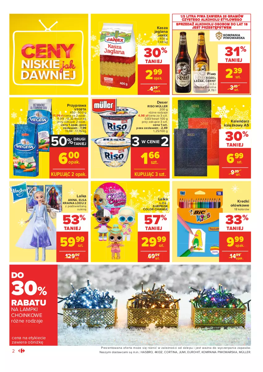 Gazetka promocyjna Carrefour - Gazetka Market - ważna 07.12 do 12.12.2021 - strona 2 - produkty: Deser, Gra, Hasbro, Kalendarz, Kasza, Kasza jaglana, Kosz, Kozel, L.O.L., Lalka, LANA, Müller, Piwa, Piwo, Ser, Vegeta