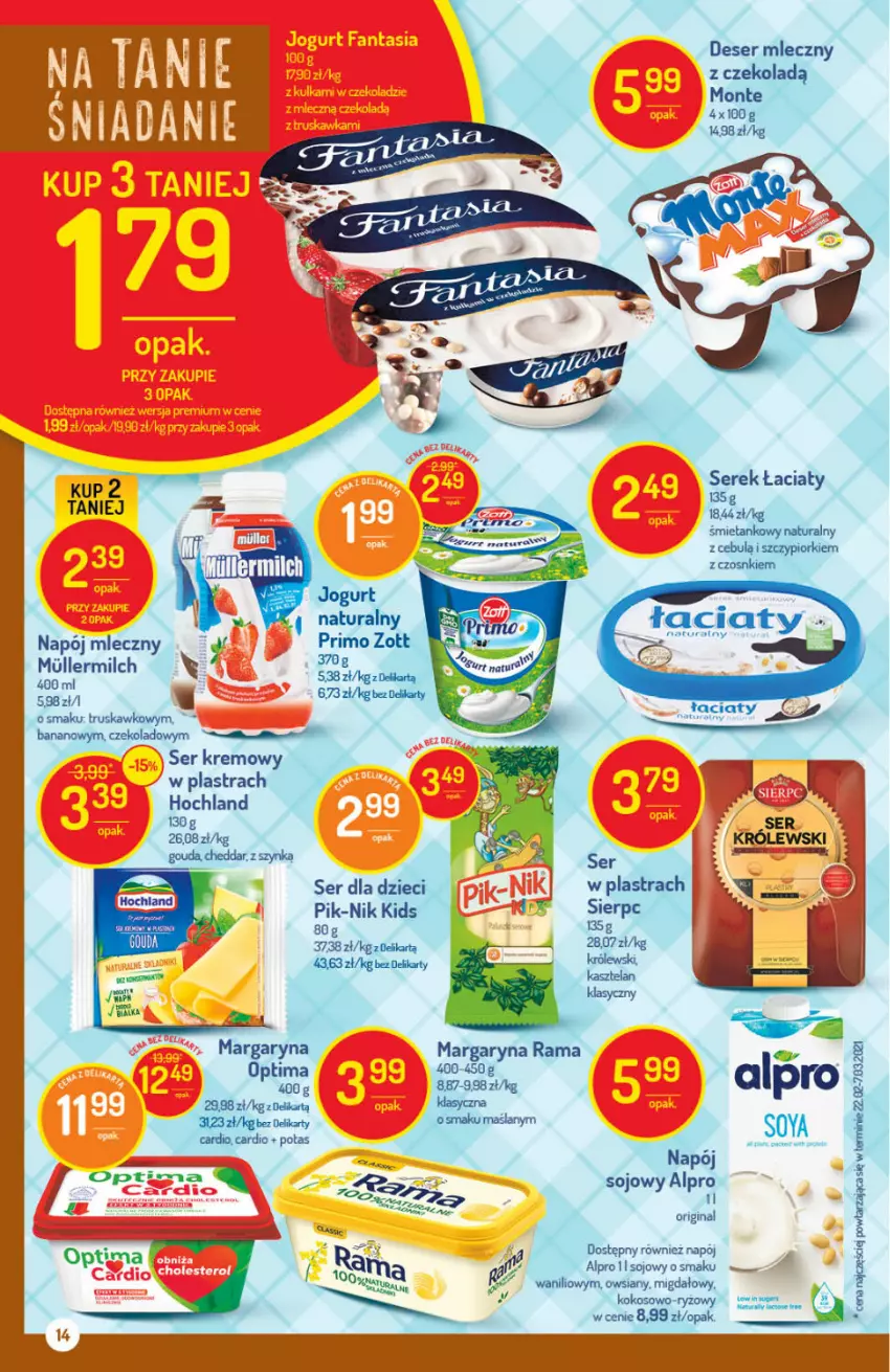 Gazetka promocyjna Delikatesy Centrum - Gazetka Delikatesy Centrum - ważna 29.04 do 05.05.2021 - strona 14 - produkty: Alpro, Cheddar, Deser, Deser mleczny, Dzieci, Gin, Gouda, Hochland, Jogurt, Kokos, Królewski, Margaryna, Monte, Napój, Napój mleczny, Optima, Rama, Ryż, Ser, Serek, Zott