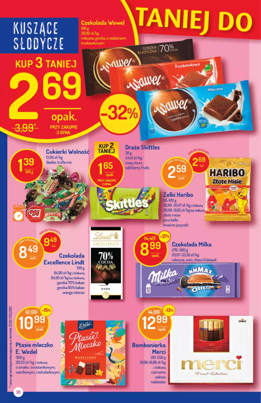 Gazetka promocyjna Delikatesy Centrum - Gazetka Delikatesy Centrum - ważna 29.04 do 05.05.2021 - strona 18 - produkty: Cukier, Cukierki, Czekolada, E. Wedel, Haribo, Kakao, Koc, Lindt, Merci, Milka, Mleczko, Ptasie mleczko