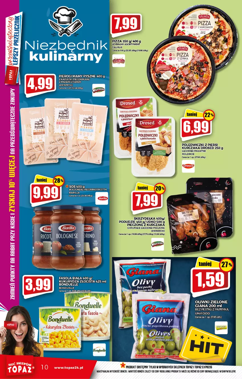 Gazetka promocyjna Topaz - Gazetka - ważna 25.11 do 01.12.2021 - strona 10 - produkty: Barilla, Bonduelle, Fa, Fasola, Kapustą, Kukurydza, Kurczak, Oliwki, Oliwki zielone, Pecorino, Piec, Pieczarka, Pierogi, Ricotta, Ser, Sok, Top