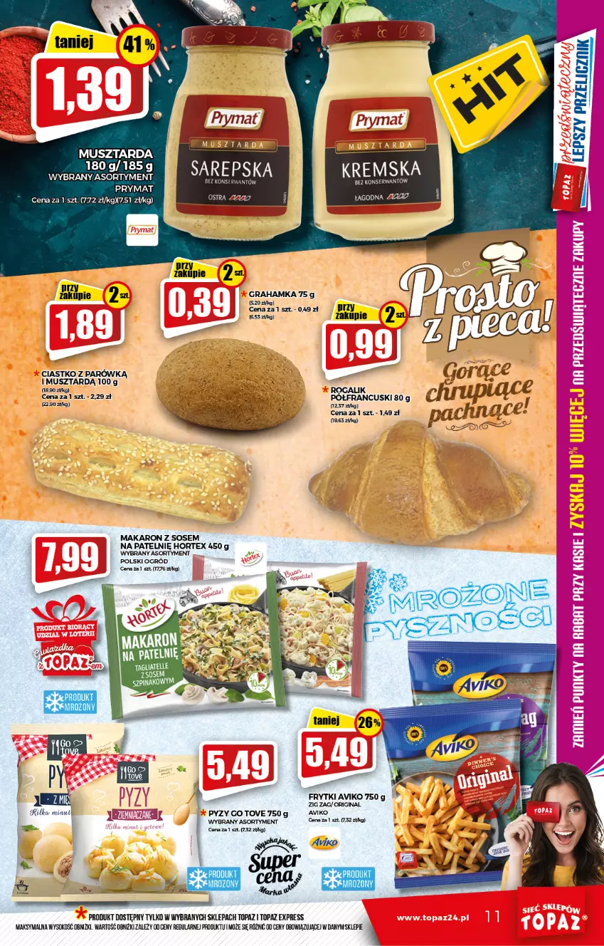 Gazetka promocyjna Topaz - Gazetka - ważna 25.11 do 01.12.2021 - strona 11 - produkty: Frytki, Gin, Gra, Hortex, Makaron, Makaron z sosem, Mus, Musztarda, Ogród, Ser, Sok, Sos, Top