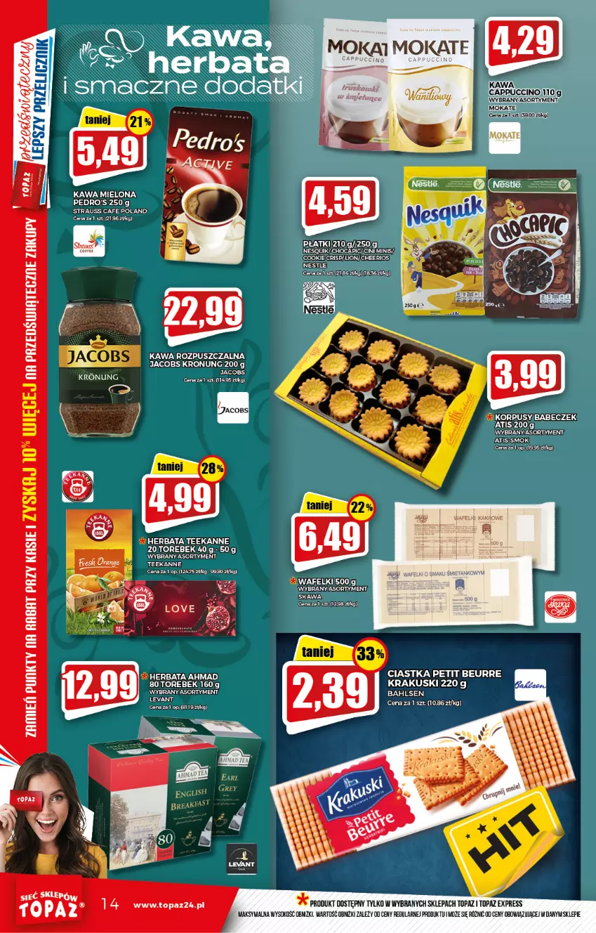 Gazetka promocyjna Topaz - Gazetka - ważna 25.11 do 01.12.2021 - strona 14 - produkty: Cappuccino, Ciastka, Herbata, Iossi, Jacobs, Kawa, Kawa mielona, Kawa rozpuszczalna, Korpusy, Krakus, Krakuski, Sok, Teekanne, Top, Truskawki