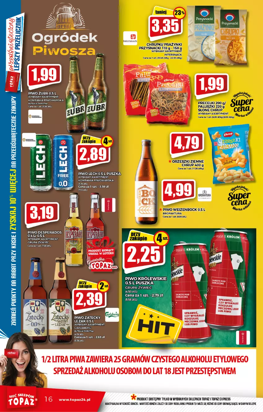 Gazetka promocyjna Topaz - Gazetka - ważna 25.11 do 01.12.2021 - strona 16 - produkty: Carlsberg, Chrupki, Desperados, Fa, Gra, Królewski, Orzeszki, Orzeszki ziemne, Piwa, Piwo, Przysnacki, Sok, Top