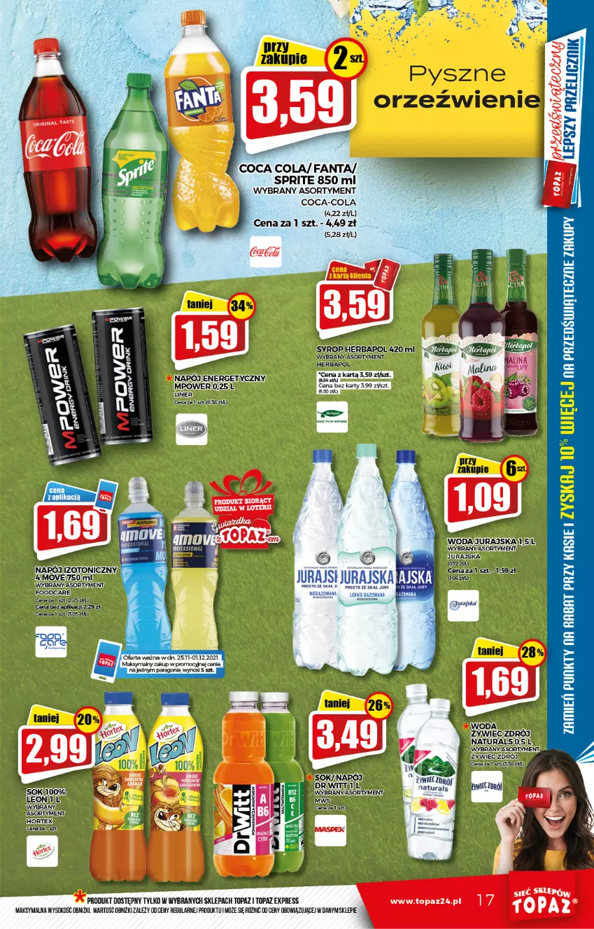 Gazetka promocyjna Topaz - Gazetka - ważna 25.11 do 01.12.2021 - strona 17 - produkty: Ba!, Coca-Cola, Fa, Fanta, Napój, Sok, Sprite, Top, Woda