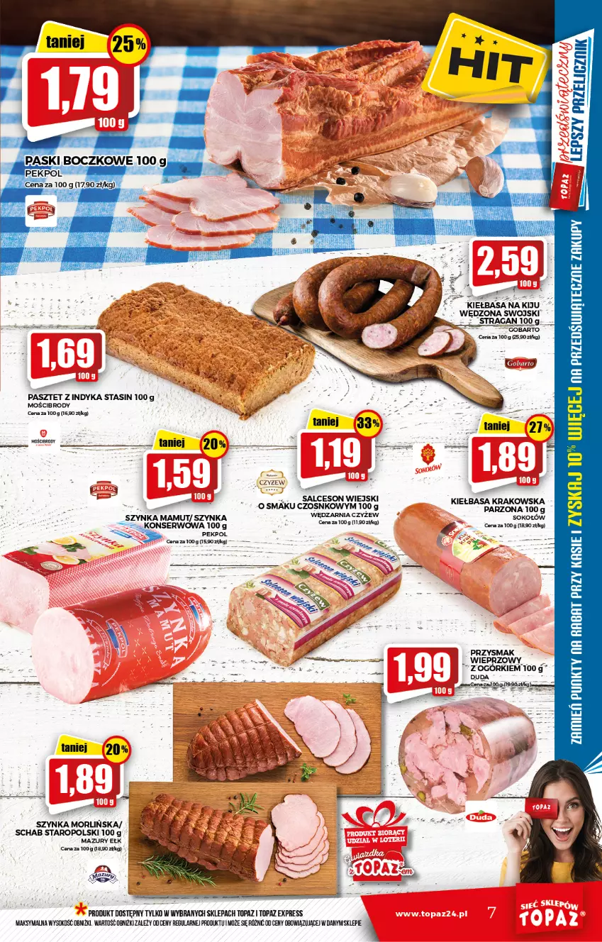 Gazetka promocyjna Topaz - Gazetka - ważna 25.11 do 01.12.2021 - strona 7 - produkty: Duda, Kiełbasa, Pasztet, Pasztet z indyka, Pekpol, Salceson, Ser, Sok, Szynka, Top