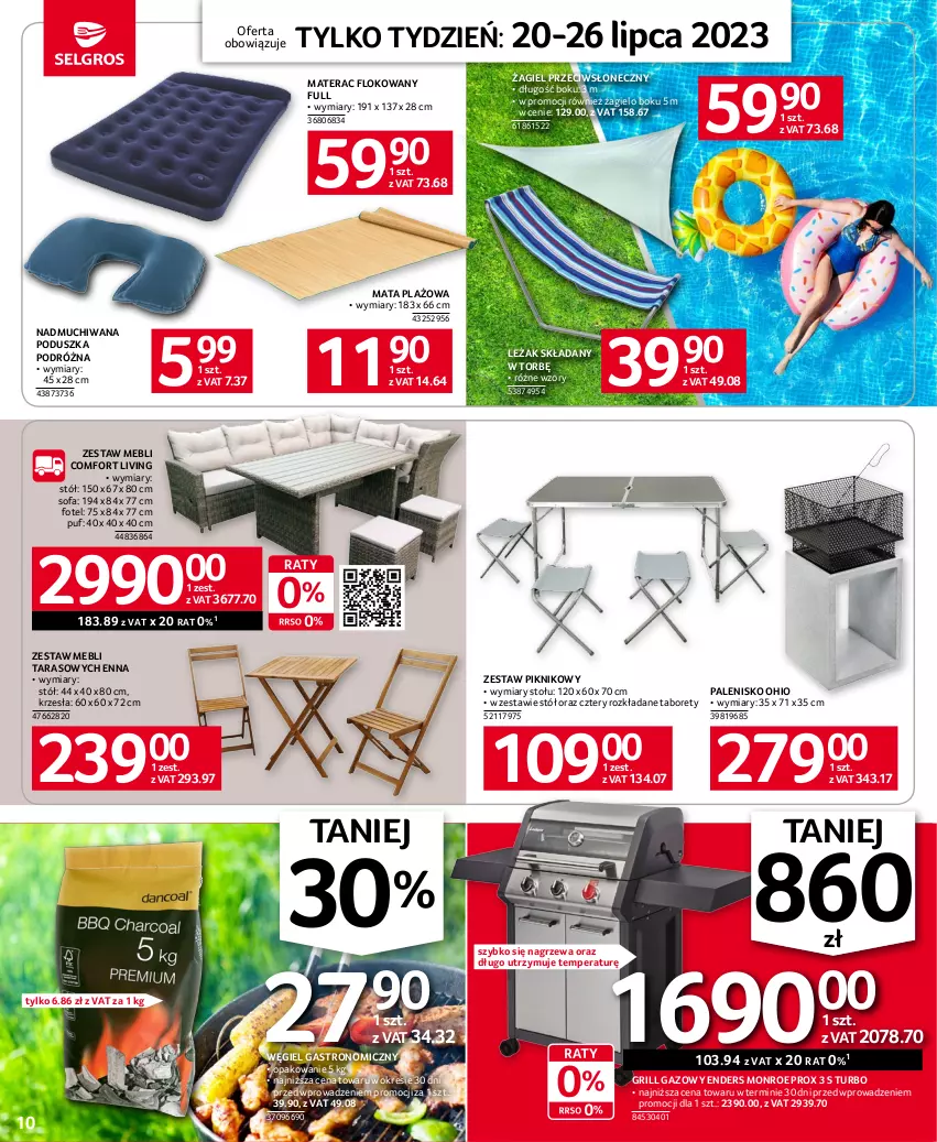 Gazetka promocyjna Selgros - Jeszcze więcej super promocji! - ważna 20.07 do 26.07.2023 - strona 10 - produkty: Fa, Fotel, Grill, Grill gazowy, Materac, Palenisko, Poduszka, Puf, Sofa, Stół, Taboret, Tera