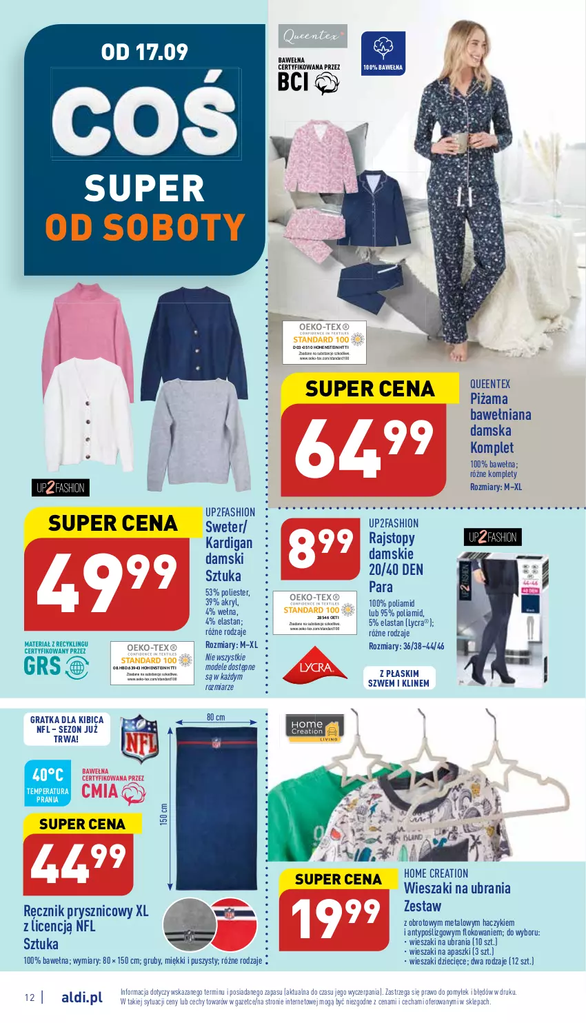 Gazetka promocyjna Aldi - Zaplanuj zakupy wcześniej - ważna 14.09 do 17.09.2022 - strona 12 - produkty: BIC, Dzieci, Fa, Gra, Haczyk, Kardigan, Piżama, Queentex, Rajstopy, Ręcznik, Sweter, Top, Ubrania, Wełna, Wieszak