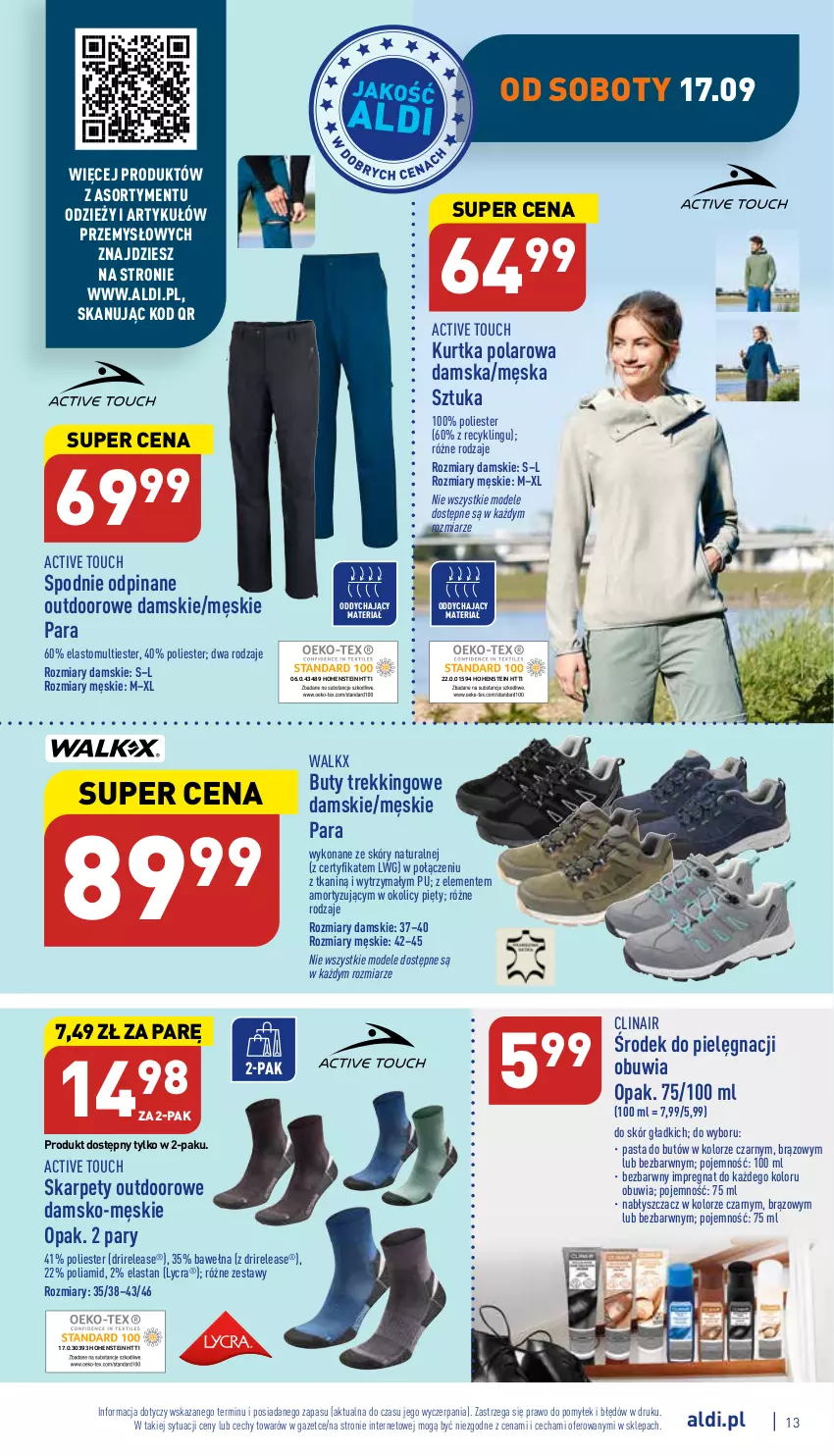 Gazetka promocyjna Aldi - Zaplanuj zakupy wcześniej - ważna 14.09 do 17.09.2022 - strona 13 - produkty: Buty, Clin, Karp, Kurtka, Spodnie, Wełna