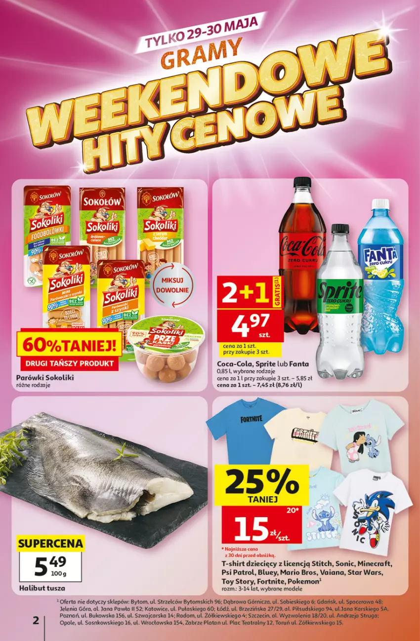 Gazetka promocyjna Auchan - Gazetka 30 Lat Hipermarket Auchan - ważna 28.05 do 03.06.2026 - strona 2 - produkty: Acer, Cars, Coca-Cola, Dzieci, Fa, Fanta, Halibut, Minecraft, Parówki, Parówki sokoliki, Psi Patrol, Sok, Sos, Sprite, Star Wars, T-shirt, Tusz