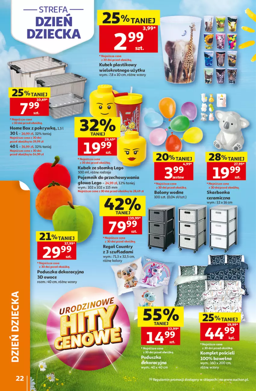 Gazetka promocyjna Auchan - Gazetka 30 Lat Hipermarket Auchan - ważna 28.05 do 03.06.2026 - strona 22 - produkty: Balony, Fa, Kubek, LEGO, Owoce, Poduszka, Poduszka dekoracyjna, Pojemnik, Pojemnik do przechowywania, Regał
