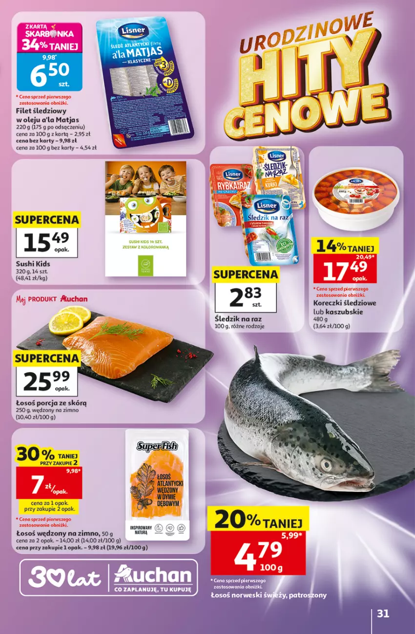 Gazetka promocyjna Auchan - Gazetka 30 Lat Hipermarket Auchan - ważna 28.05 do 03.06.2026 - strona 31 - produkty: Koreczki śledziowe, Matjas, Olej, Por, Sushi