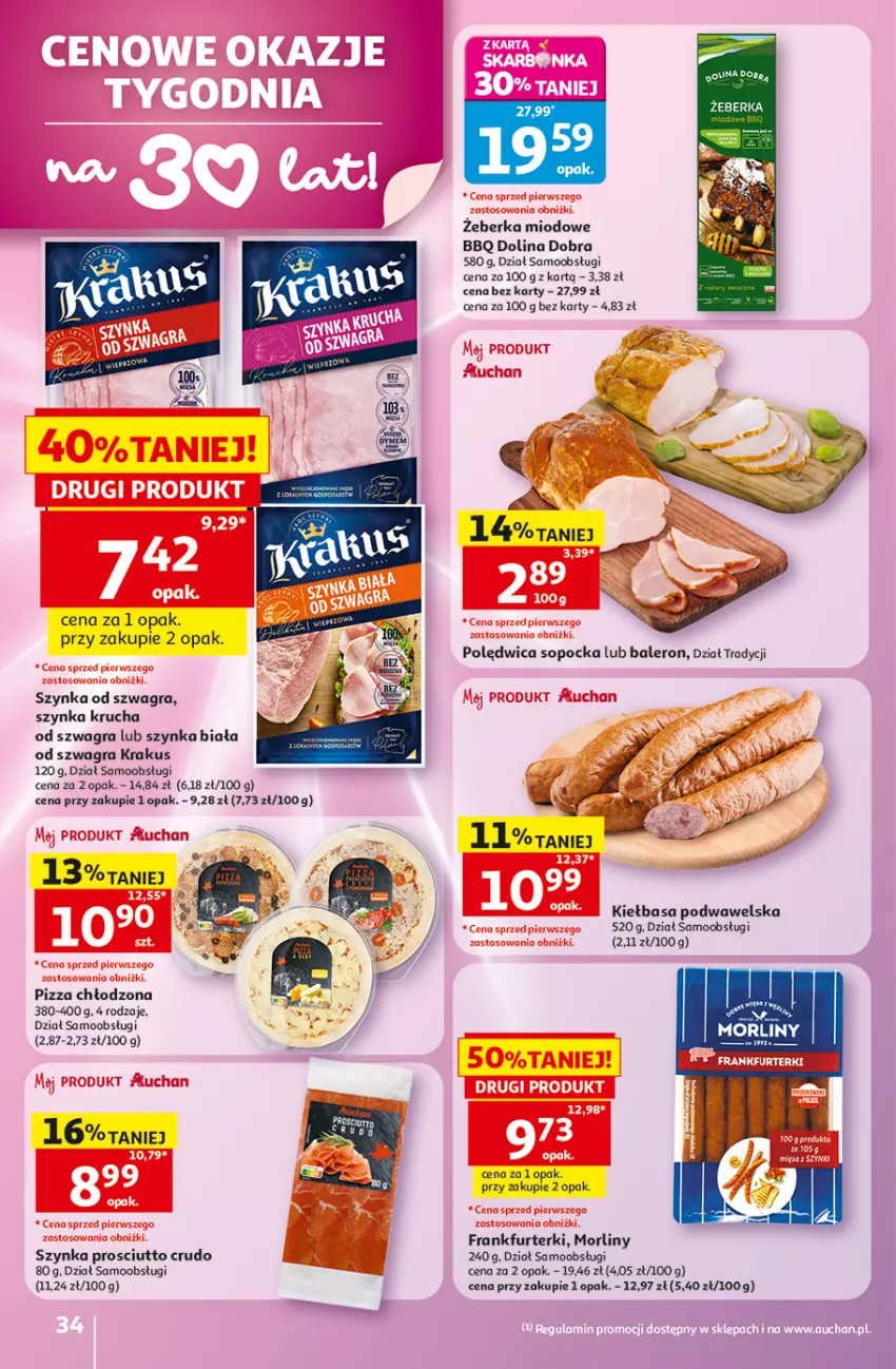 Gazetka promocyjna Auchan - Gazetka 30 Lat Hipermarket Auchan - ważna 28.05 do 03.06.2026 - strona 34 - produkty: Frankfurterki, Gra, Kiełbasa, Kiełbasa podwawelska, Krakus, Morliny, Pizza, Prosciutto, Szynka, Szynka biała, Wawel