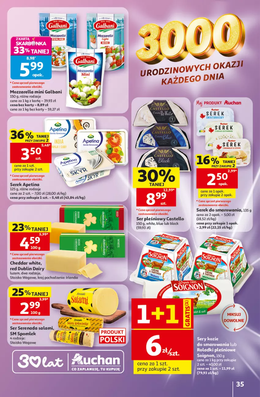 Gazetka promocyjna Auchan - Gazetka 30 Lat Hipermarket Auchan - ważna 28.05 do 03.06.2026 - strona 35 - produkty: Cheddar, Galbani, Kret, Lack, Mozzarella, Salami, Ser, Ser pleśniowy, Serek