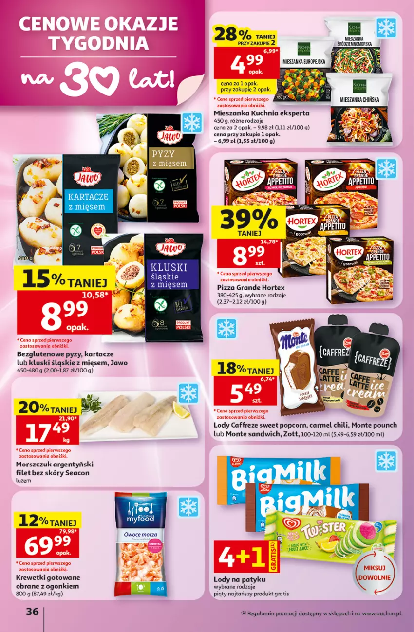 Gazetka promocyjna Auchan - Gazetka 30 Lat Hipermarket Auchan - ważna 28.05 do 03.06.2026 - strona 36 - produkty: Gra, Hortex, Krewetki, Kuchnia, Lody, Monte, Owoce, Owoce morza, Pizza, Popcorn, Zott