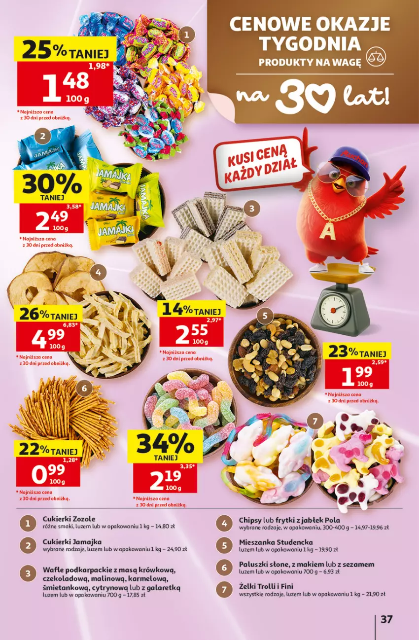 Gazetka promocyjna Auchan - Gazetka 30 Lat Hipermarket Auchan - ważna 28.05 do 03.06.2026 - strona 37 - produkty: Chipsy, Cukier, Cukierki, Frytki, Gala, Karp, Mieszanka studencka, Sezam, Wafle