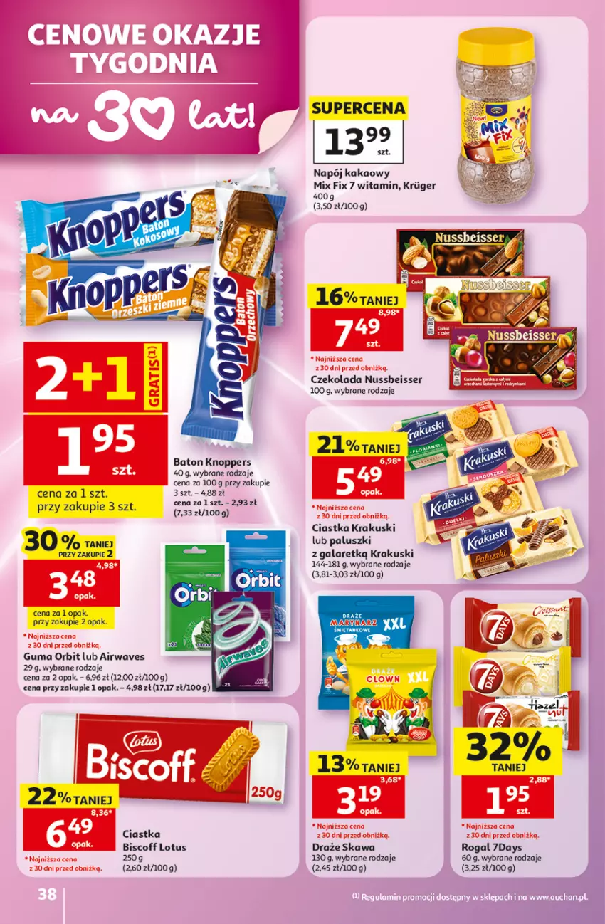 Gazetka promocyjna Auchan - Gazetka 30 Lat Hipermarket Auchan - ważna 28.05 do 03.06.2026 - strona 38 - produkty: Baton, Ciastka, Czekolada, Gala, Kakao, Kawa, Knoppers, Krakus, Krakuski, Napój, Orbit, Rogal, Ser