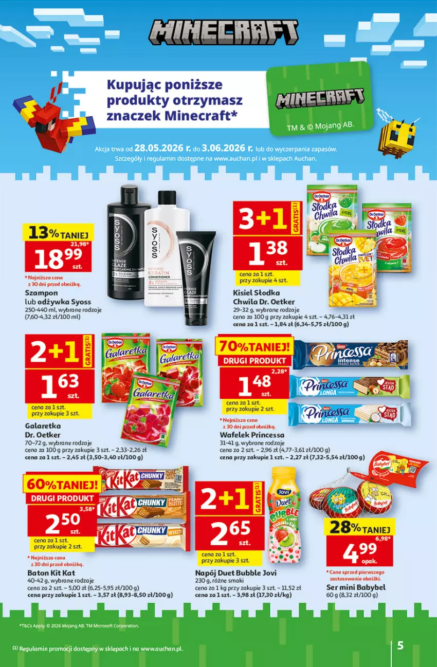 Gazetka promocyjna Auchan - Gazetka 30 Lat Hipermarket Auchan - ważna 28.05 do 03.06.2026 - strona 5 - produkty: Baton, Dr. Oetker, Gala, Galaretka, Kisiel, Kit Kat, Minecraft, Napój, Odżywka, Por, Princessa, Ser, Syoss, Szampon, Wafelek
