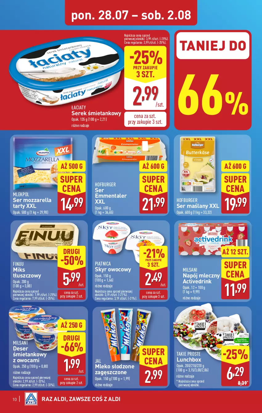 Gazetka promocyjna Aldi - Pełna oferta - ważna 28.07 do 02.08.2025 - strona 10 - produkty: Burger, Deser, Emmental, Finuu, Hofburger, Miks tłuszczowy, Mleko, Mozzarella, Napój, Napój mleczny, Piątnica, Ser, Serek