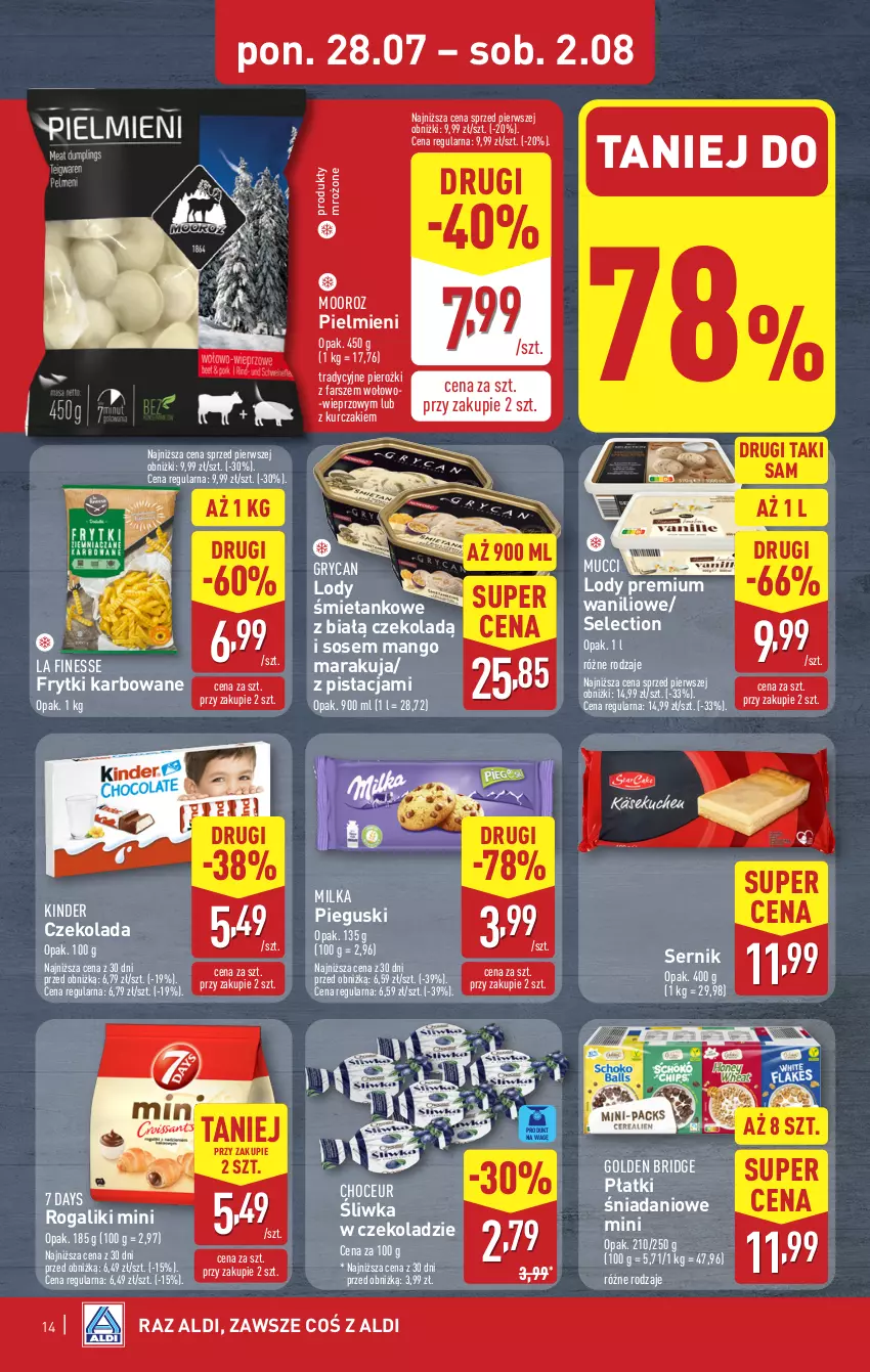 Gazetka promocyjna Aldi - Pełna oferta - ważna 28.07 do 02.08.2025 - strona 14 - produkty: 7 Days, Czekolada, Danio, Fa, Frytki, Gry, Kinder, Kurczak, Lody, Mango, Milka, Produkty mrożone, Rogal, Ser, Sos