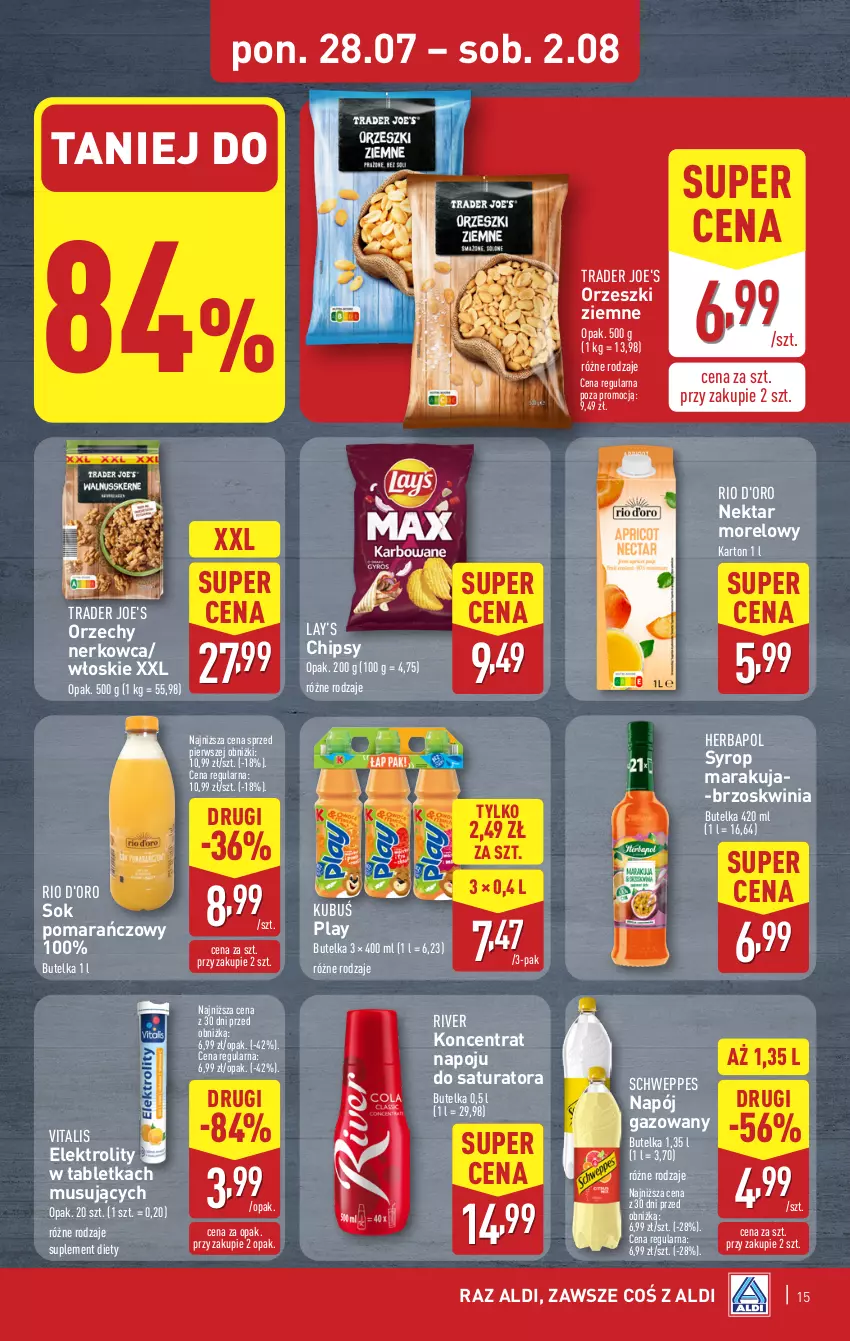 Gazetka promocyjna Aldi - Pełna oferta - ważna 28.07 do 02.08.2025 - strona 15 - produkty: Chipsy, Herbapol, Kubuś, Lay’s, Mus, Napój, Napój gazowany, Nektar, Orzeszki, Orzeszki ziemne, Schweppes, Sok, Sok pomarańczowy, Suplement diety, Syrop, Tablet